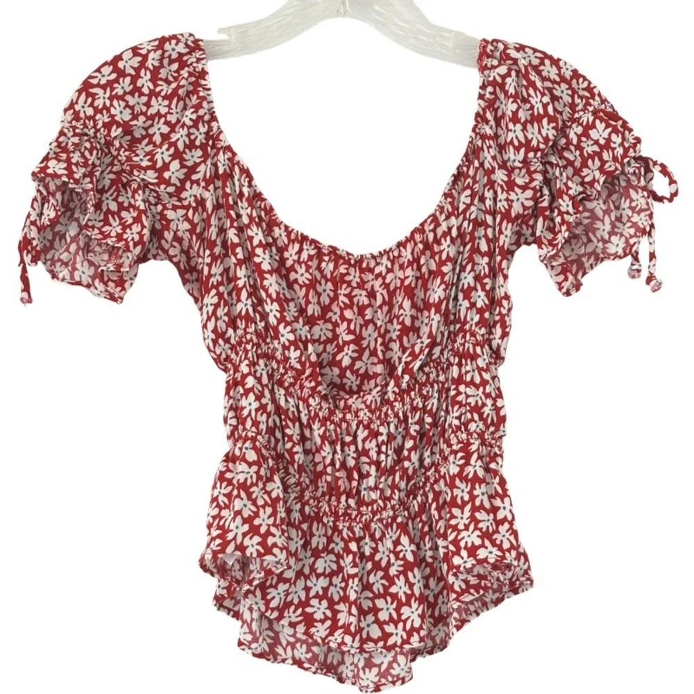 Reformation Red Floral Smocked Peplum Top